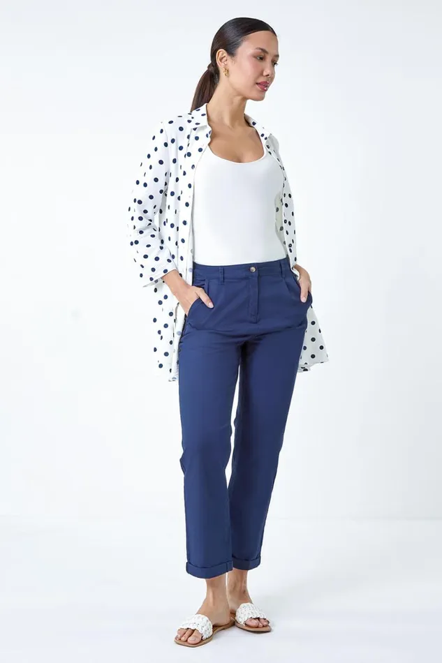 Navy Cotton Blend Washed Chino Trousers Women Roman Trousers