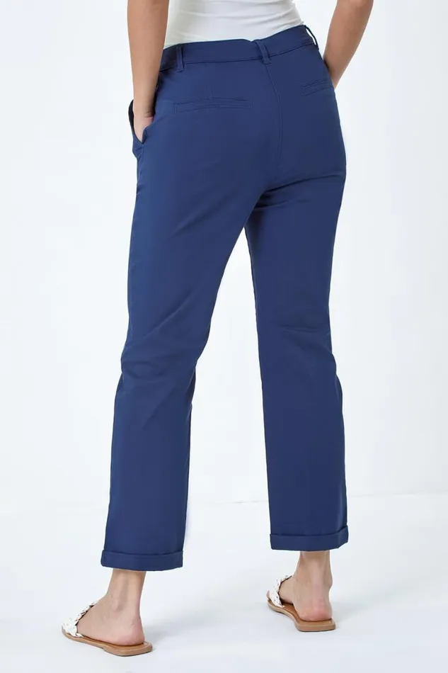 Navy Cotton Blend Washed Chino Trousers Women Roman Trousers