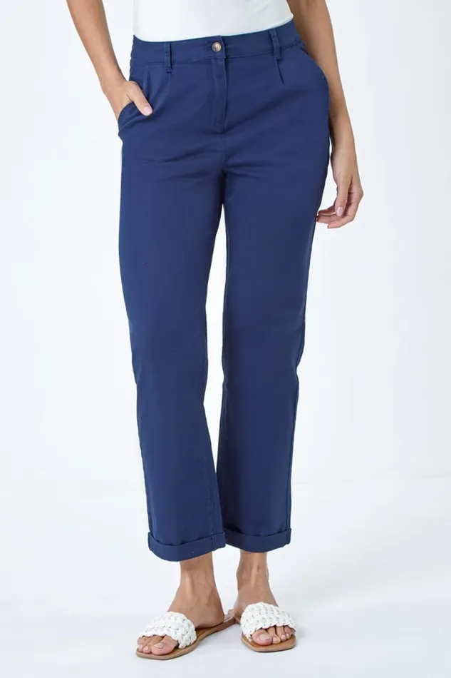 Navy Cotton Blend Washed Chino Trousers Women Roman Trousers
