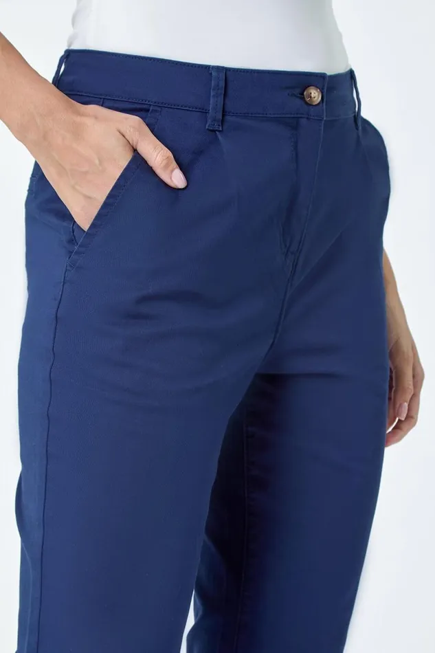Navy Cotton Blend Washed Chino Trousers Women Roman Trousers