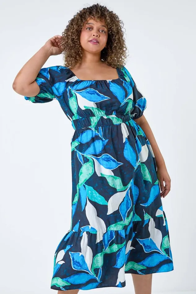 Navy Curve Leaf Print Shirred Midi Dress Women Roman Dresses