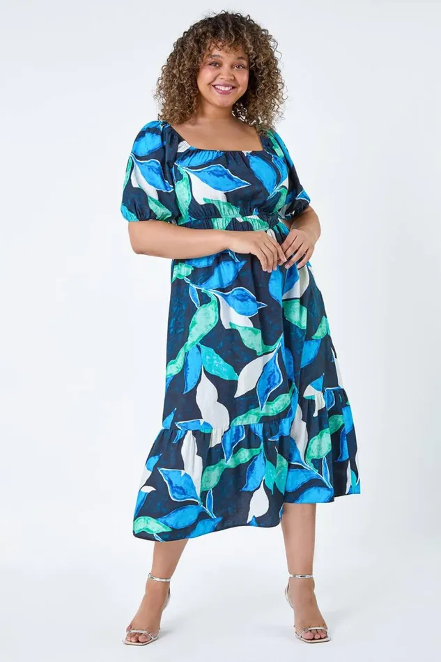 Navy Curve Leaf Print Shirred Midi Dress Women Roman Dresses