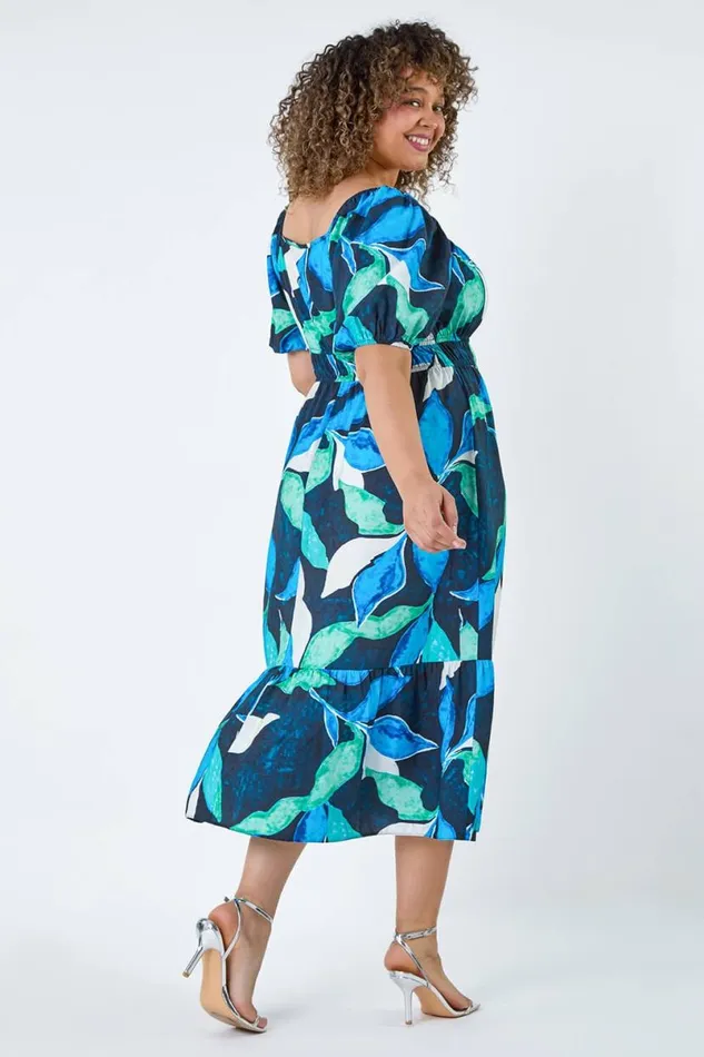 Navy Curve Leaf Print Shirred Midi Dress Women Roman Dresses