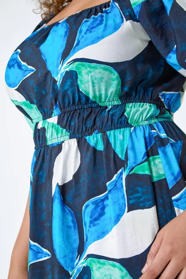 Navy Curve Leaf Print Shirred Midi Dress Women Roman Dresses