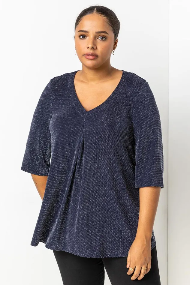 Navy Curve Sparkle VNeck Tunic Top Women Roman Tops