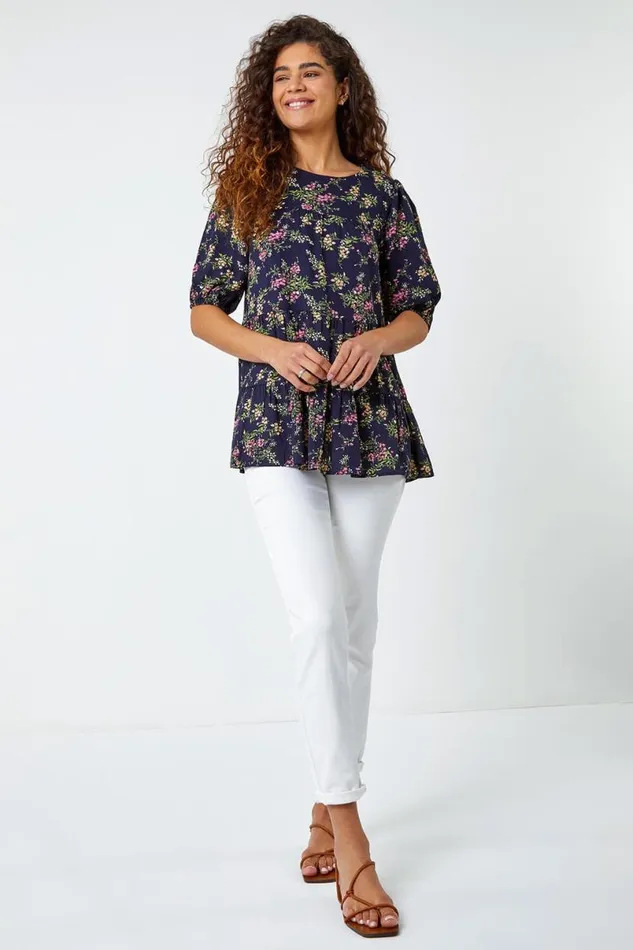 Navy Ditsy Floral Print Puff Sleeve Top Women Roman Tops