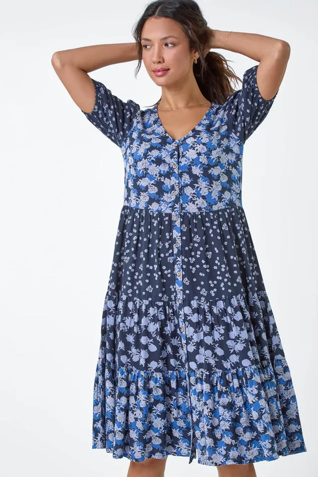 Navy Floral Cotton Blend Tiered Smock Dress Women Roman Dresses
