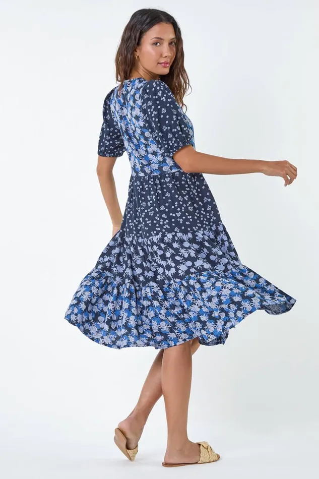 Navy Floral Cotton Blend Tiered Smock Dress Women Roman Dresses