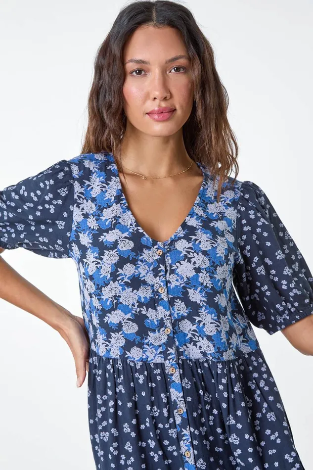 Navy Floral Cotton Blend Tiered Smock Dress Women Roman Dresses