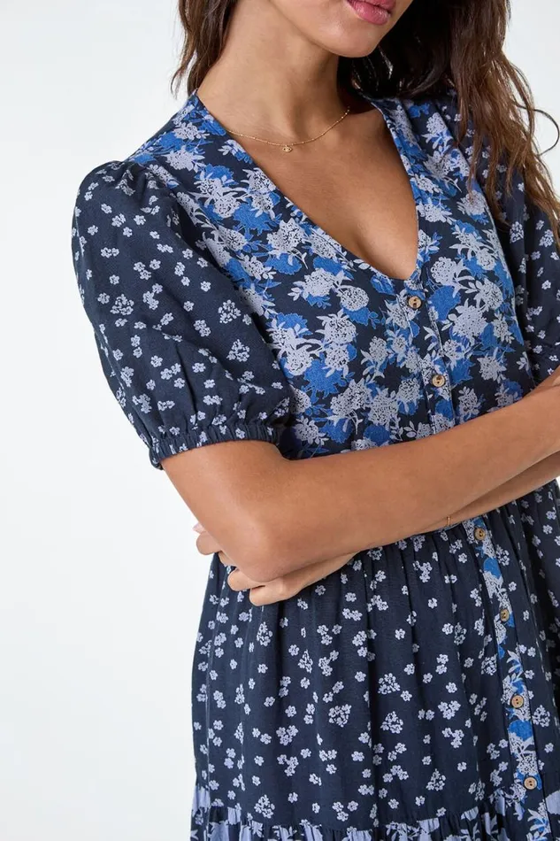 Navy Floral Cotton Blend Tiered Smock Dress Women Roman Dresses
