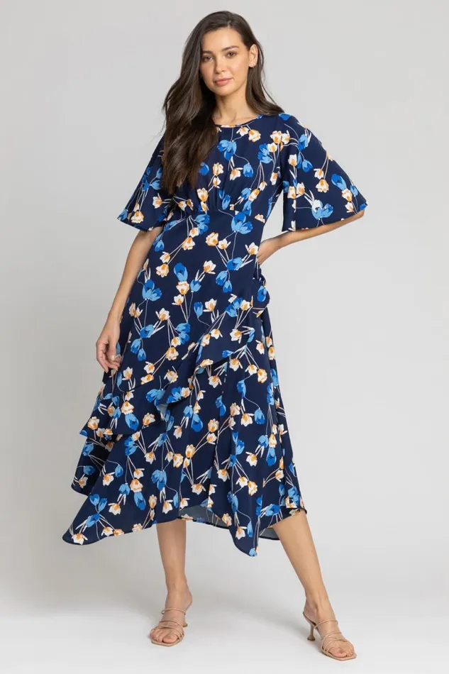 Navy Floral Print Chiffon Midi Dress Women Roman Dresses