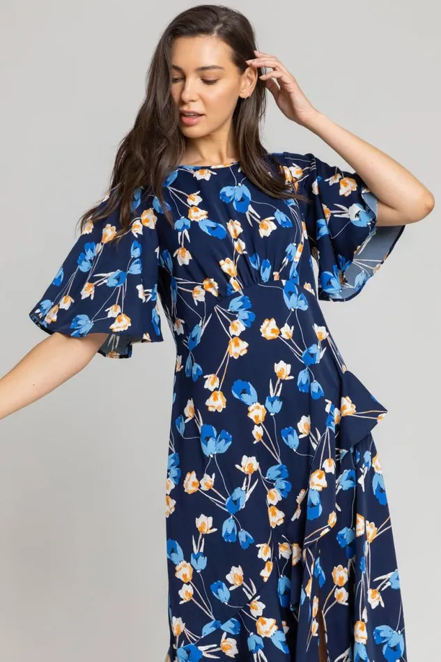 Navy Floral Print Chiffon Midi Dress Women Roman Dresses