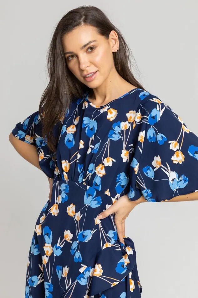 Navy Floral Print Chiffon Midi Dress Women Roman Dresses
