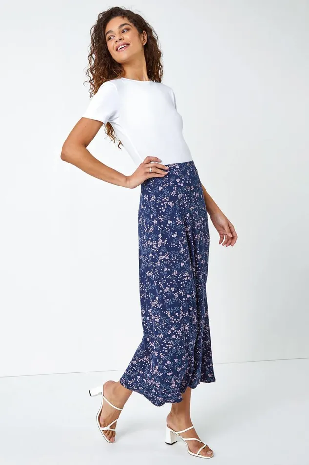 Navy Floral Print Elastic Waist Midi Stretch Skirt Women Roman Skirts