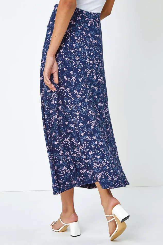 Navy Floral Print Elastic Waist Midi Stretch Skirt Women Roman Skirts