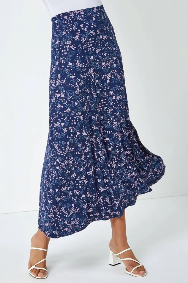 Navy Floral Print Elastic Waist Midi Stretch Skirt Women Roman Skirts