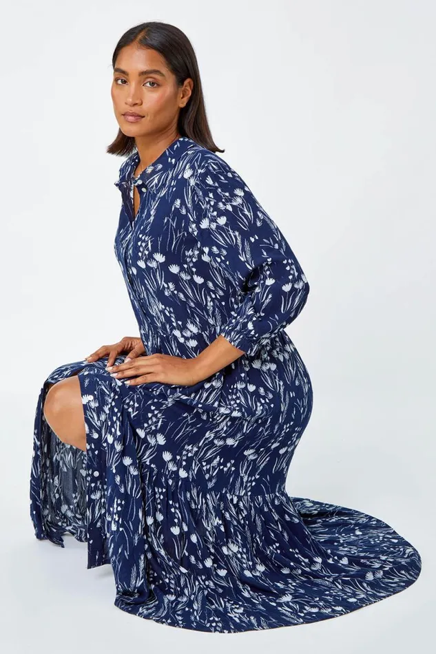 Navy Floral Print Midi Shirt Dress Women Roman Dresses