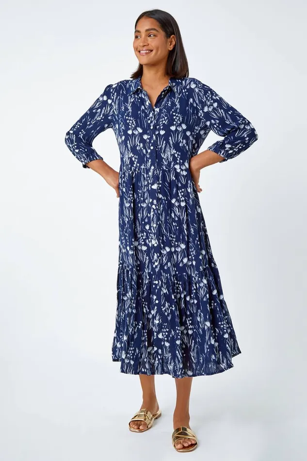 Navy Floral Print Midi Shirt Dress Women Roman Dresses