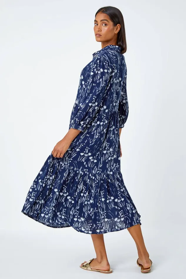 Navy Floral Print Midi Shirt Dress Women Roman Dresses