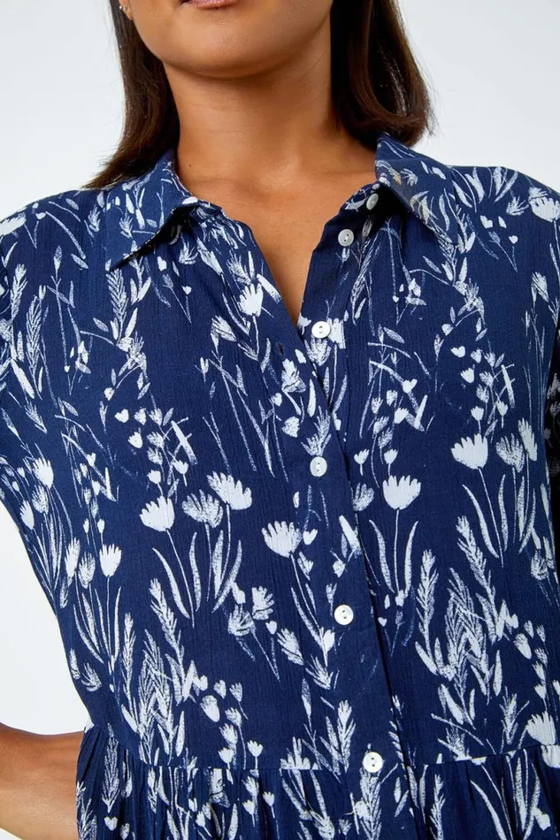 Navy Floral Print Midi Shirt Dress Women Roman Dresses