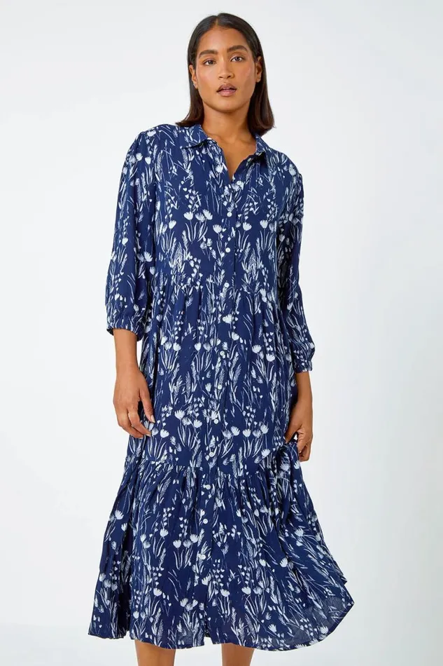 Navy Floral Print Midi Shirt Dress Women Roman Dresses