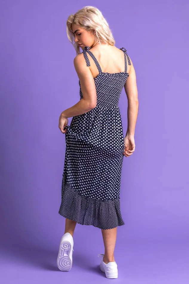 Navy Frilled Hem Spot Print Maxi Dress Women Roman Dresses