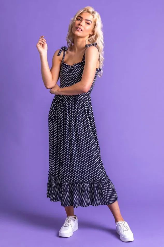 Navy Frilled Hem Spot Print Maxi Dress Women Roman Dresses