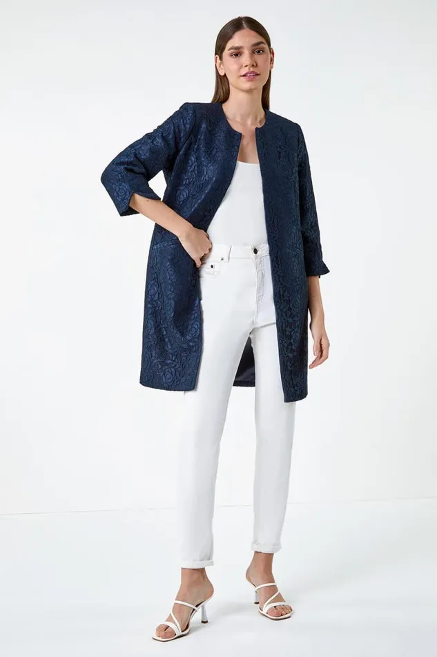 Navy Lace Longline Formal Jacket Women Roman Jackets