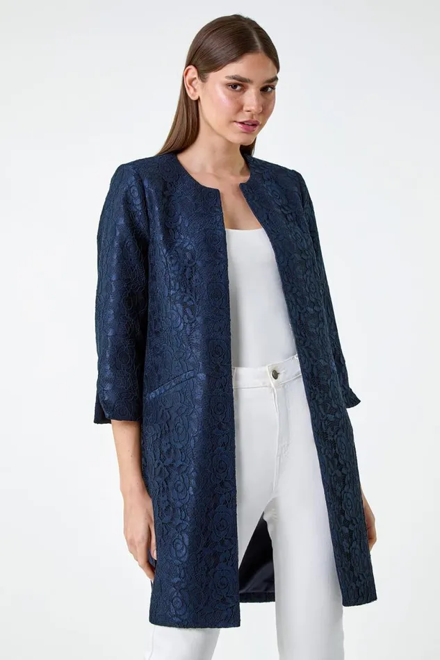 Navy Lace Longline Formal Jacket Women Roman Jackets