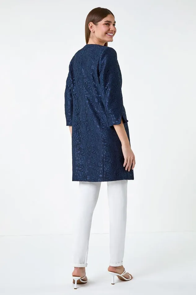 Navy Lace Longline Formal Jacket Women Roman Jackets