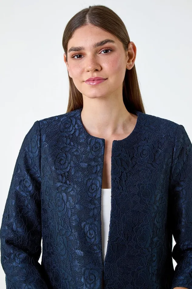 Navy Lace Longline Formal Jacket Women Roman Jackets