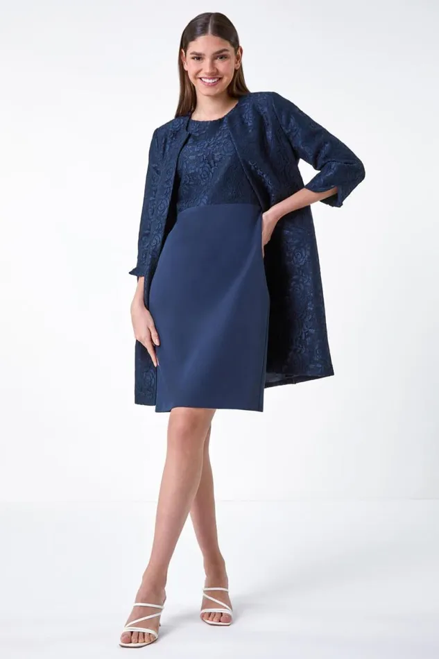 Navy Lace Longline Formal Jacket Women Roman Jackets