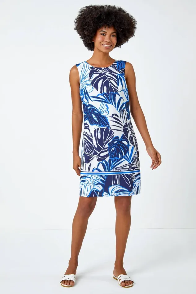 Navy Leaf Border Print Shift Dress Women Roman Dresses
