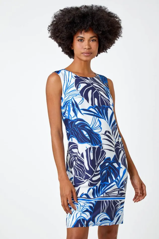 Navy Leaf Border Print Shift Dress Women Roman Dresses