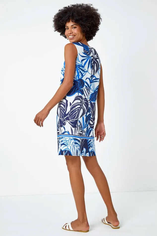Navy Leaf Border Print Shift Dress Women Roman Dresses