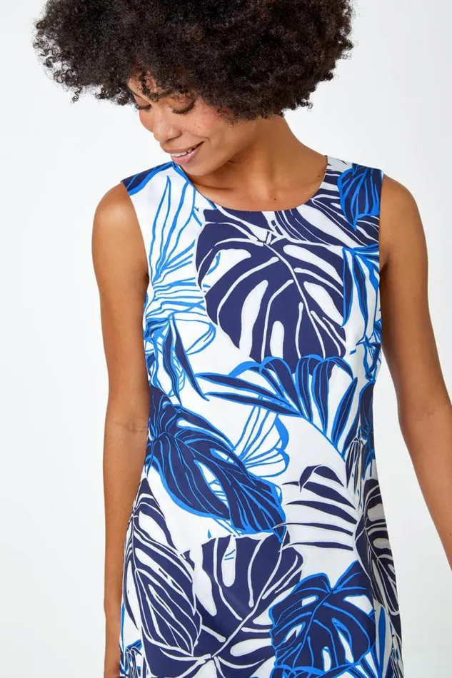 Navy Leaf Border Print Shift Dress Women Roman Dresses