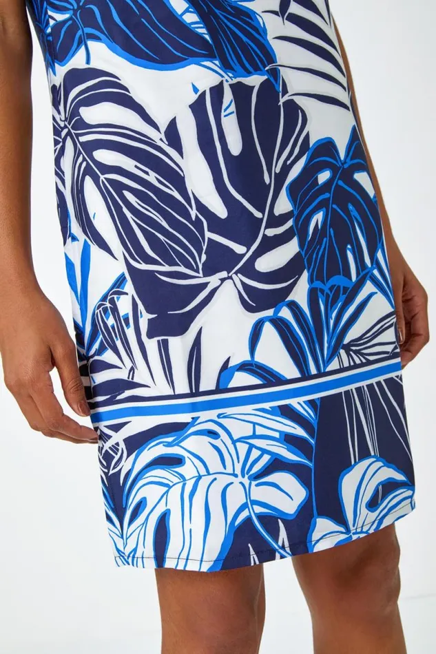 Navy Leaf Border Print Shift Dress Women Roman Dresses