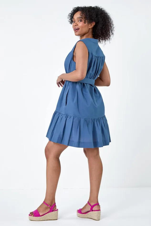 Navy Petite Belt Detail Frill Cotton Shirt Dress Women Roman Dresses