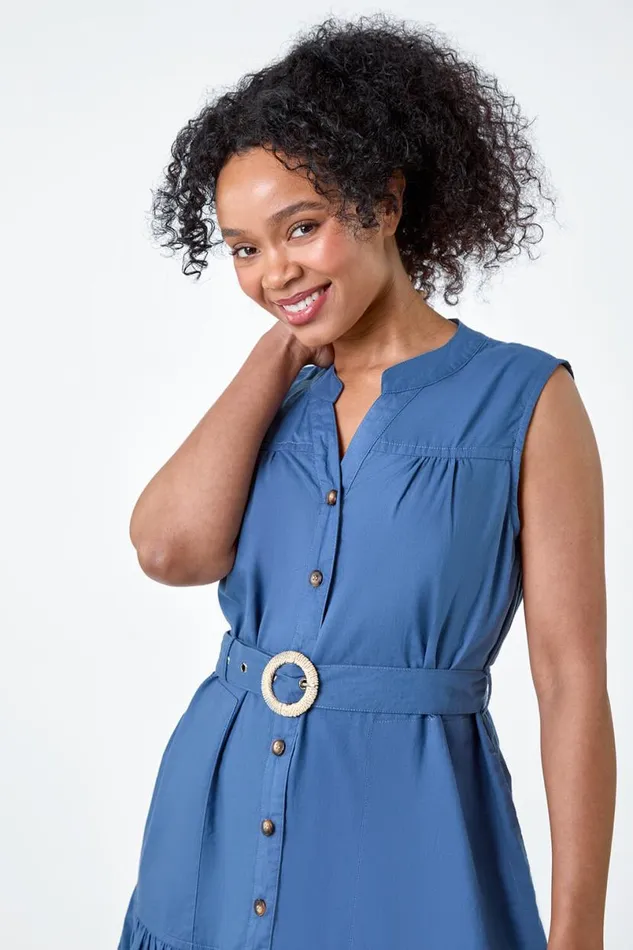 Navy Petite Belt Detail Frill Cotton Shirt Dress Women Roman Dresses