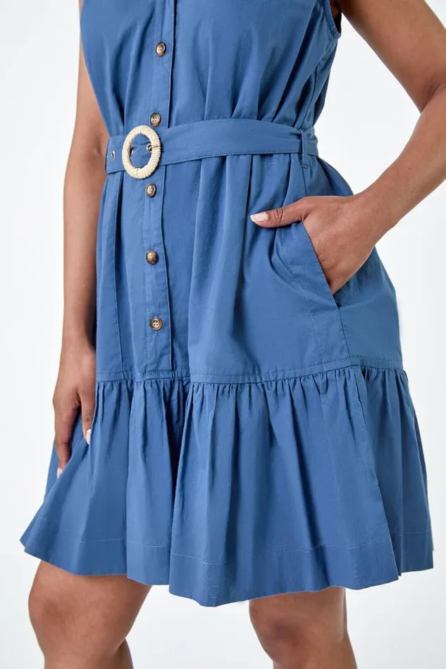 Navy Petite Belt Detail Frill Cotton Shirt Dress Women Roman Dresses