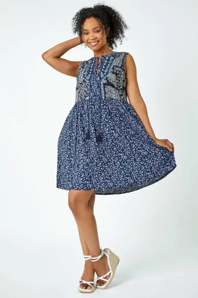 Navy Petite Embroidered Tunic Smock Dress Women Roman Dresses