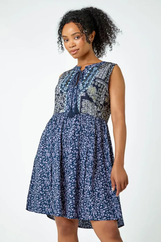 Navy Petite Embroidered Tunic Smock Dress Women Roman Dresses