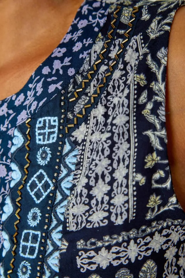 Navy Petite Embroidered Tunic Smock Dress Women Roman Dresses