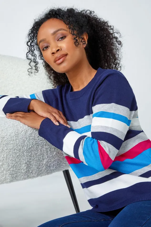 Navy Petite Stripe Print Jumper Women Roman Knitwear