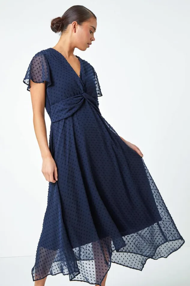 Navy Petite Textured Spot Twist Front Midi Dress Women Roman Dresses