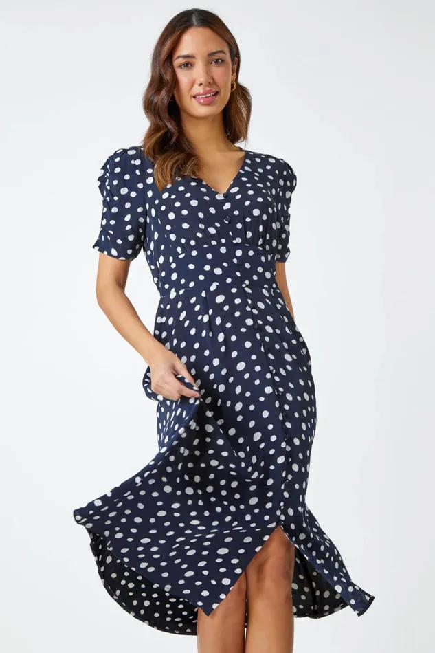 Navy Polka Dot Ruched Sleeve Midi Dress Women Roman Dresses