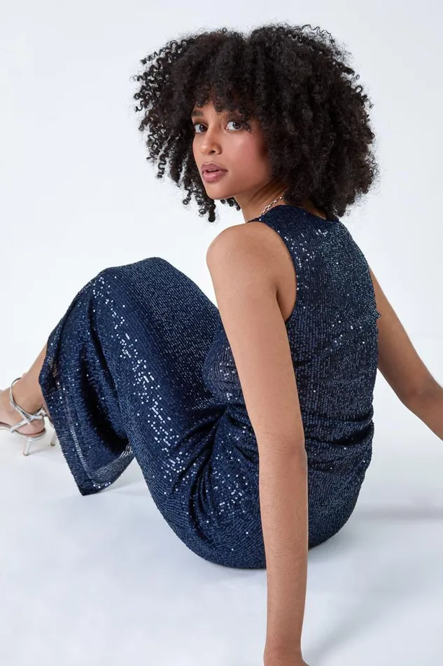 Navy Sequin Sparkle Stretch Midi Skirt Women Roman Occasionwear