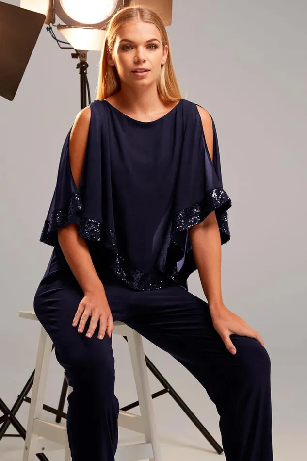 Navy Sequin Trim Overlay Jumpsuit Women Roman Dresses
