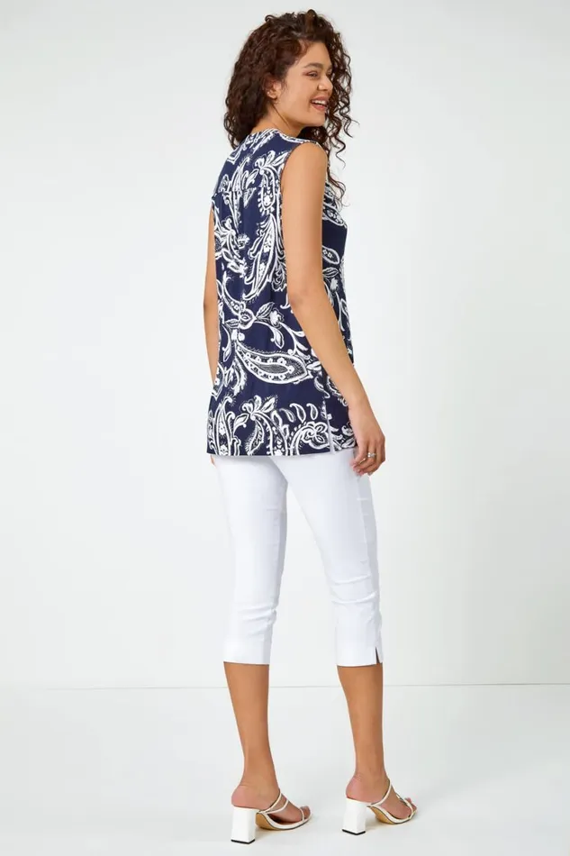 Navy Sleeveless Paisley Print Zip Top Women Roman Tops