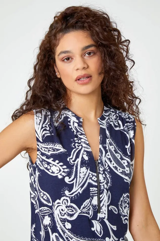 Navy Sleeveless Paisley Print Zip Top Women Roman Tops